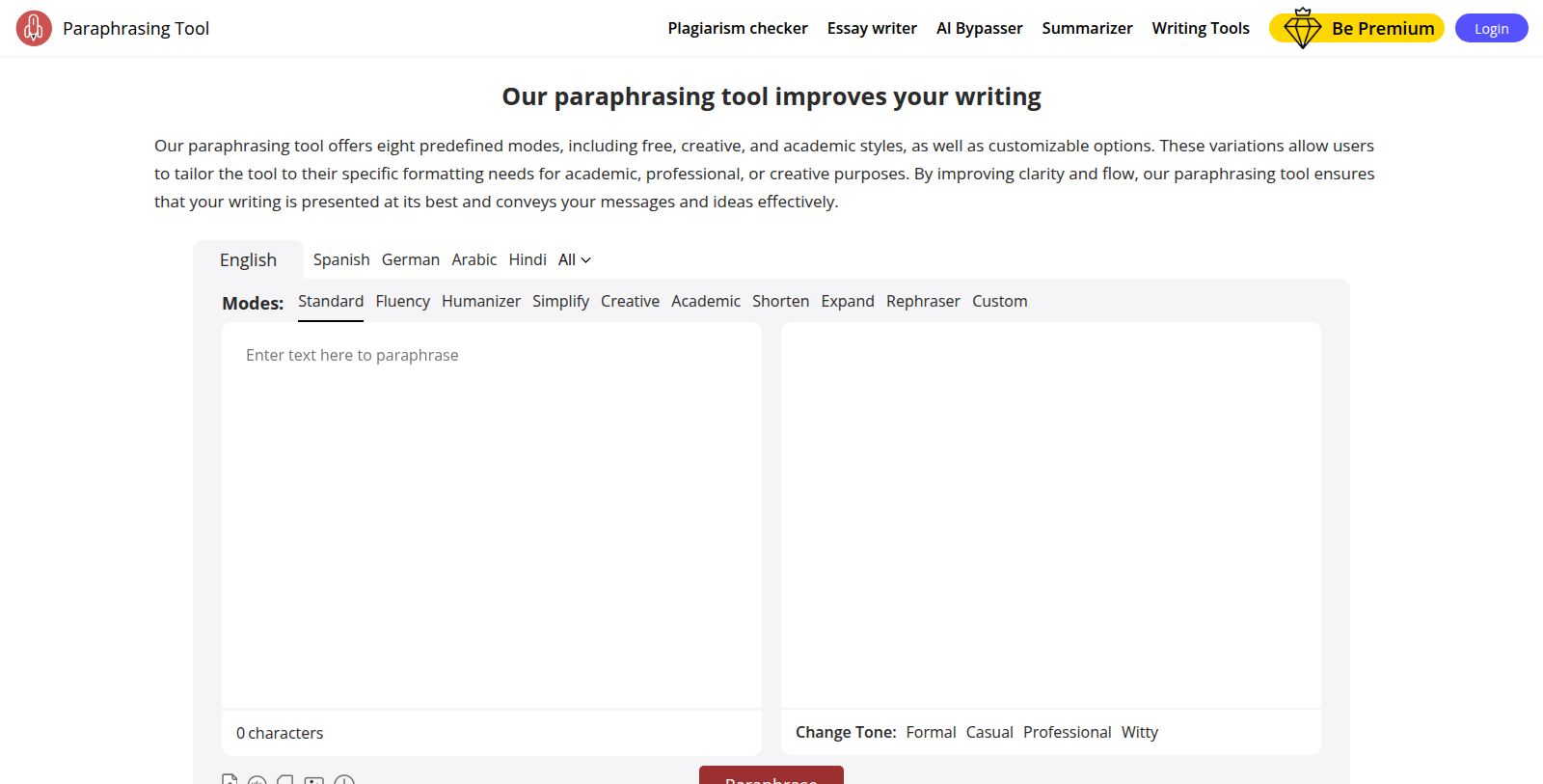 Captura de pantalla de Paraphrasing Tool - Vista previa de la interfaz