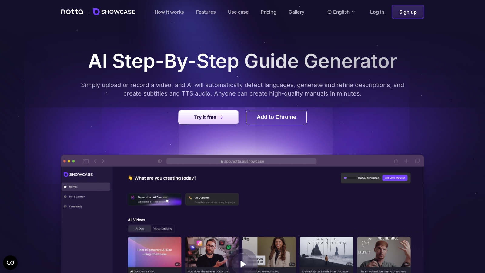 Notta Showcase Captura de tela - Prévia da interface