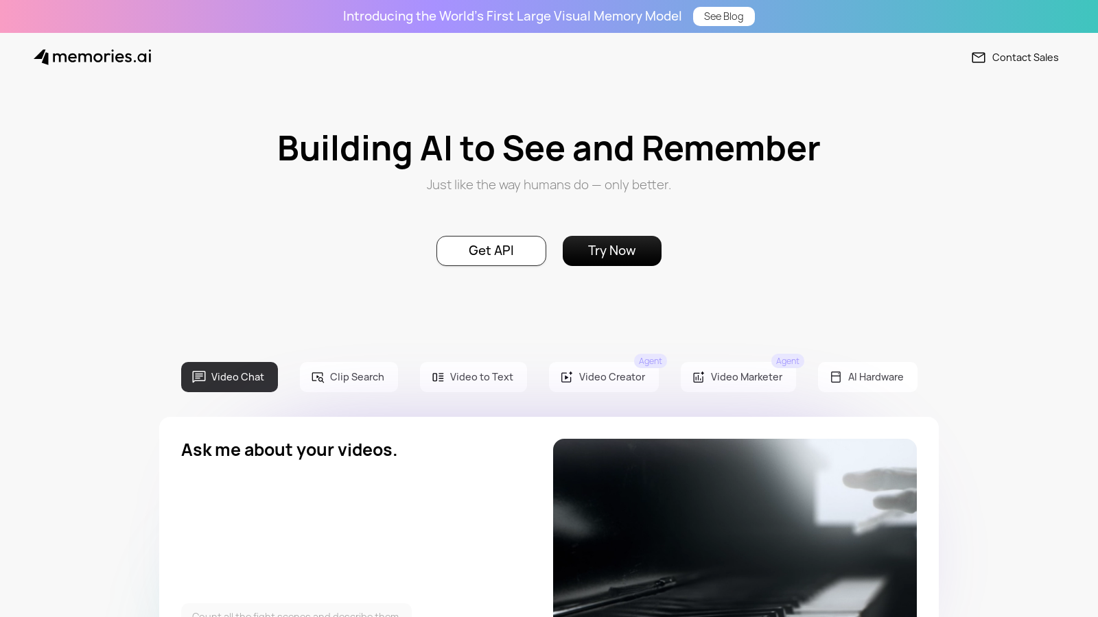 Capture d'écran de Memories.ai - Aperçu de l'interface