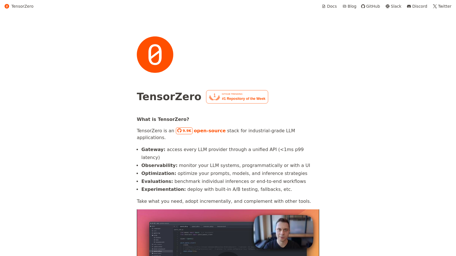 Captura de pantalla de TensorZero - Vista previa de la interfaz