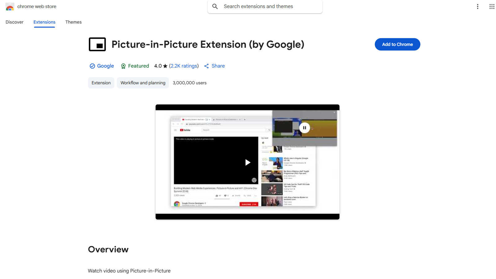 Picture-in-Picture Extension (by Google) Captura de tela - Prévia da interface