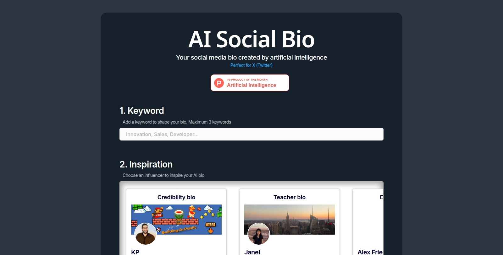 AI Social Bio स्क्रीनशॉट - इंटरफ़ेस पूर्वावलोकन