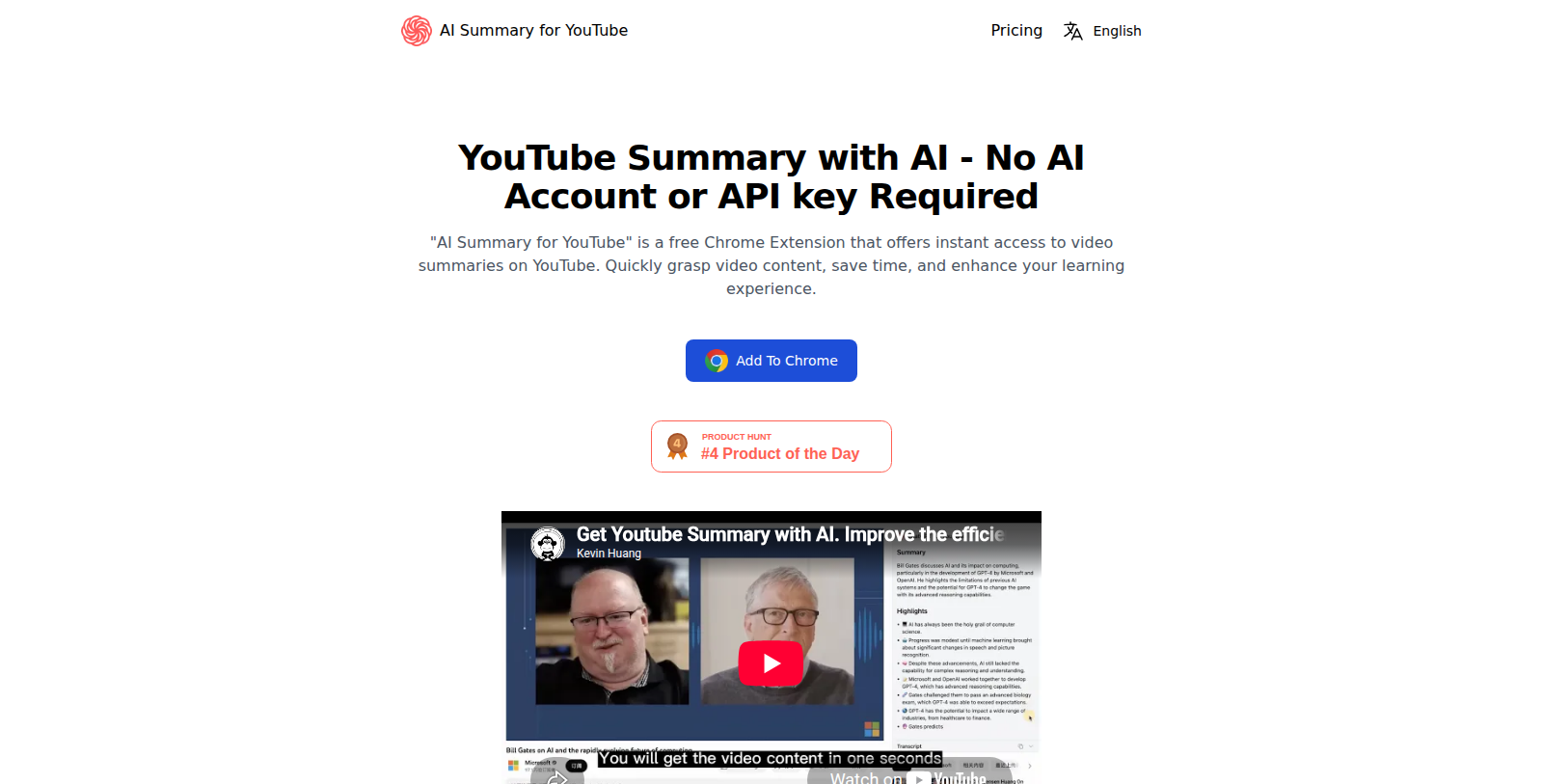 Capture d'écran de AI Summary for YouTube - Aperçu de l'interface