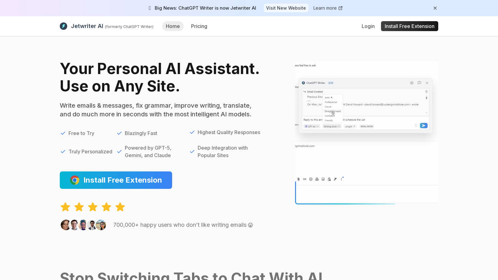 Jetwriter AI Captura de tela - Prévia da interface