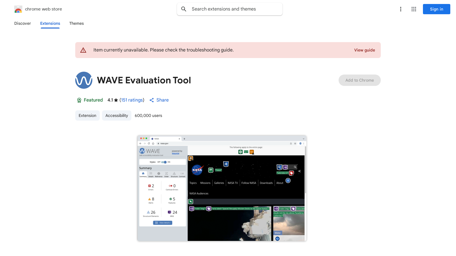 WAVE Evaluation Tool Screenshot - Schnittstellenvorschau